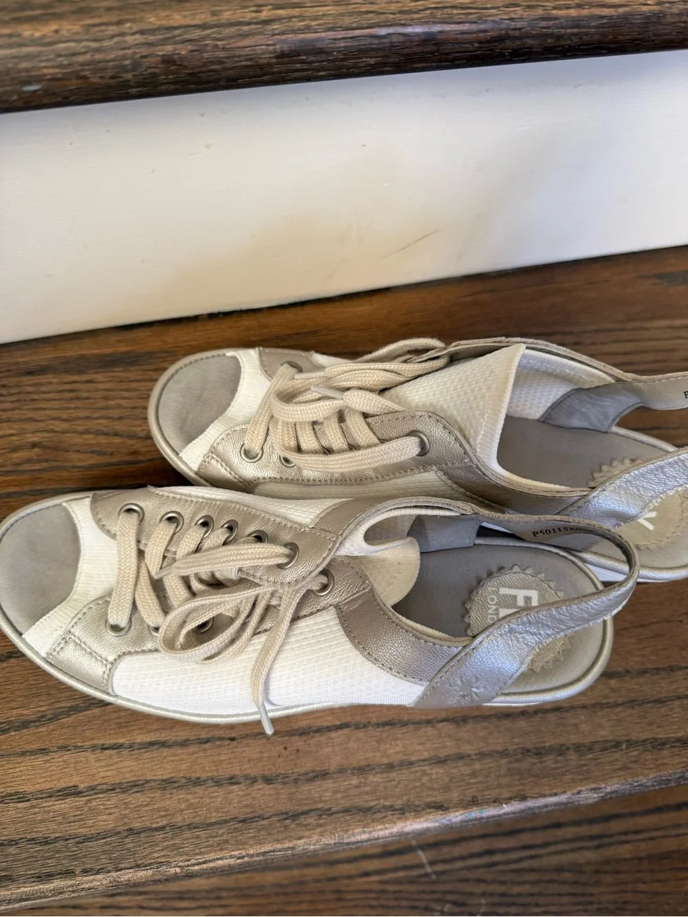 Fly London 38 Yedu Wedge Lace up Sandal  - White & Metallic silver